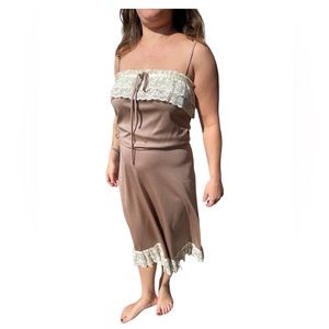 70s Estivo Taupe W/Cream Lace Long Bohemian Dress